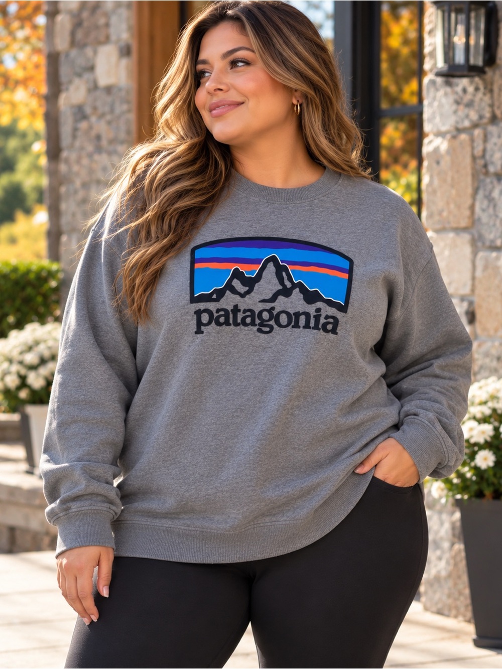 Patagonia Gray Crewneck Sweatshirt with Multicolor Mountain Logo